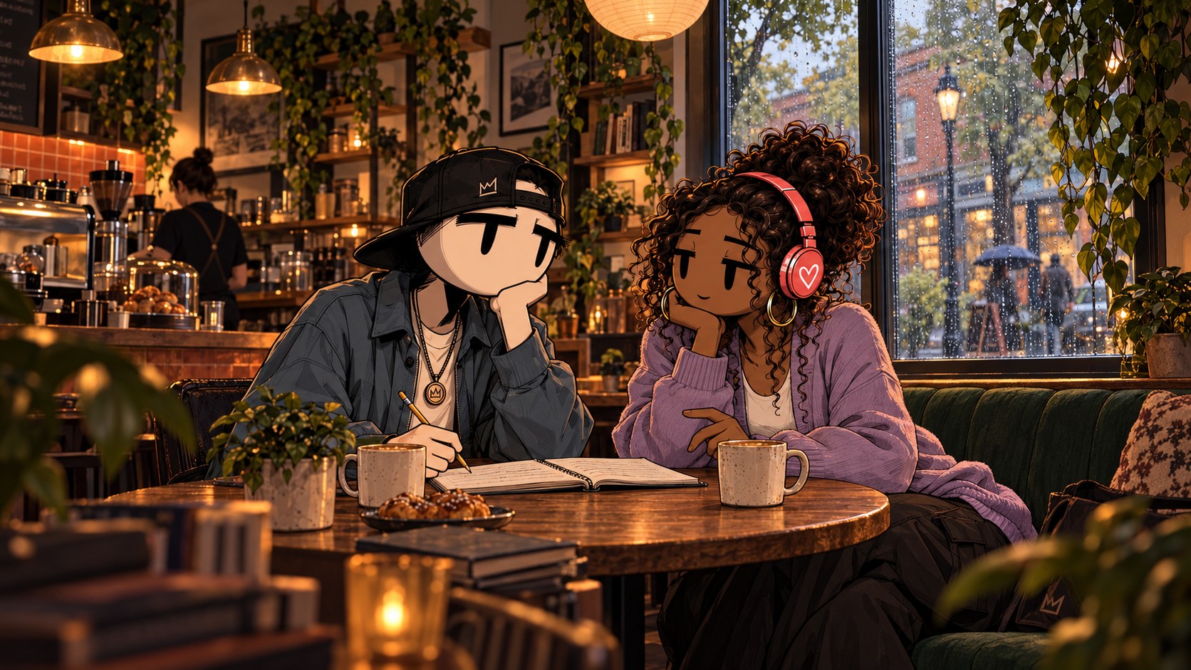 Line and Echo together at a café in their illustrated Pacific Northwest world.
