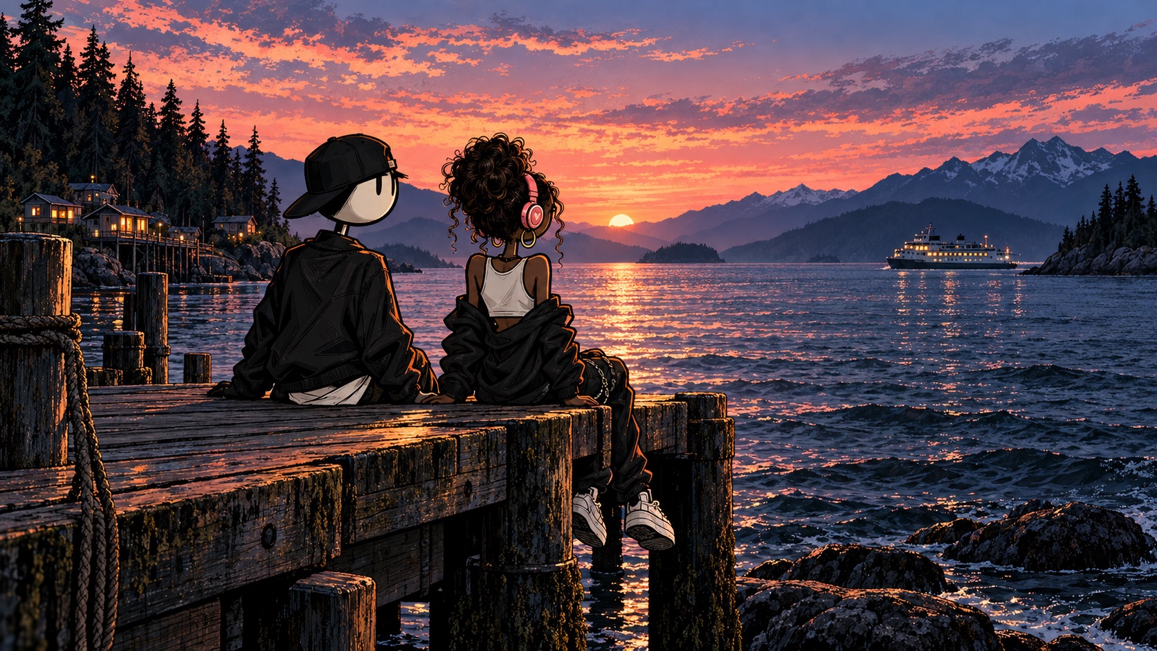 Line and Echo sitting together on a dock as the sun sets over the mountains and water.