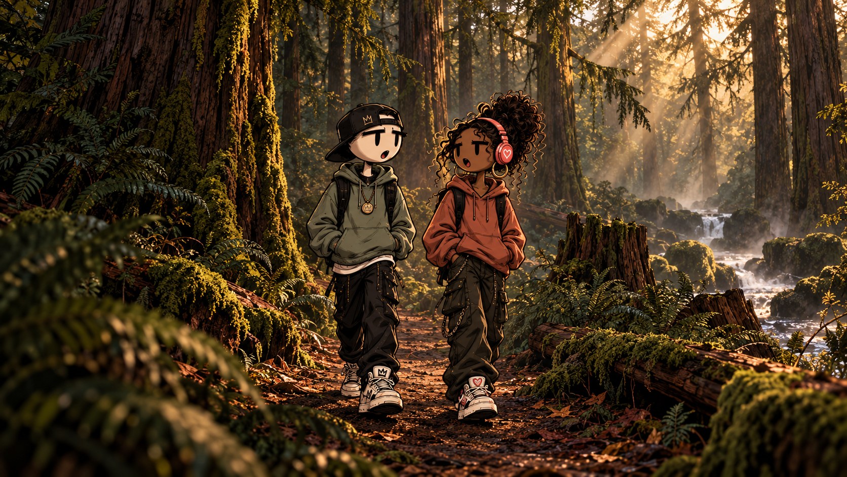 Line and Echo in sage and rust hoodies, walking through a misty cedar forest.