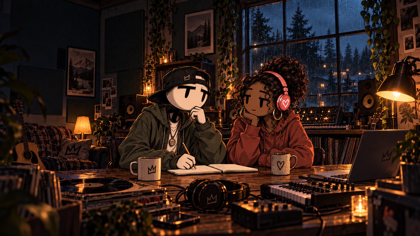 Line and Echo writing lyrics together in a warm studio beside a rainy window.