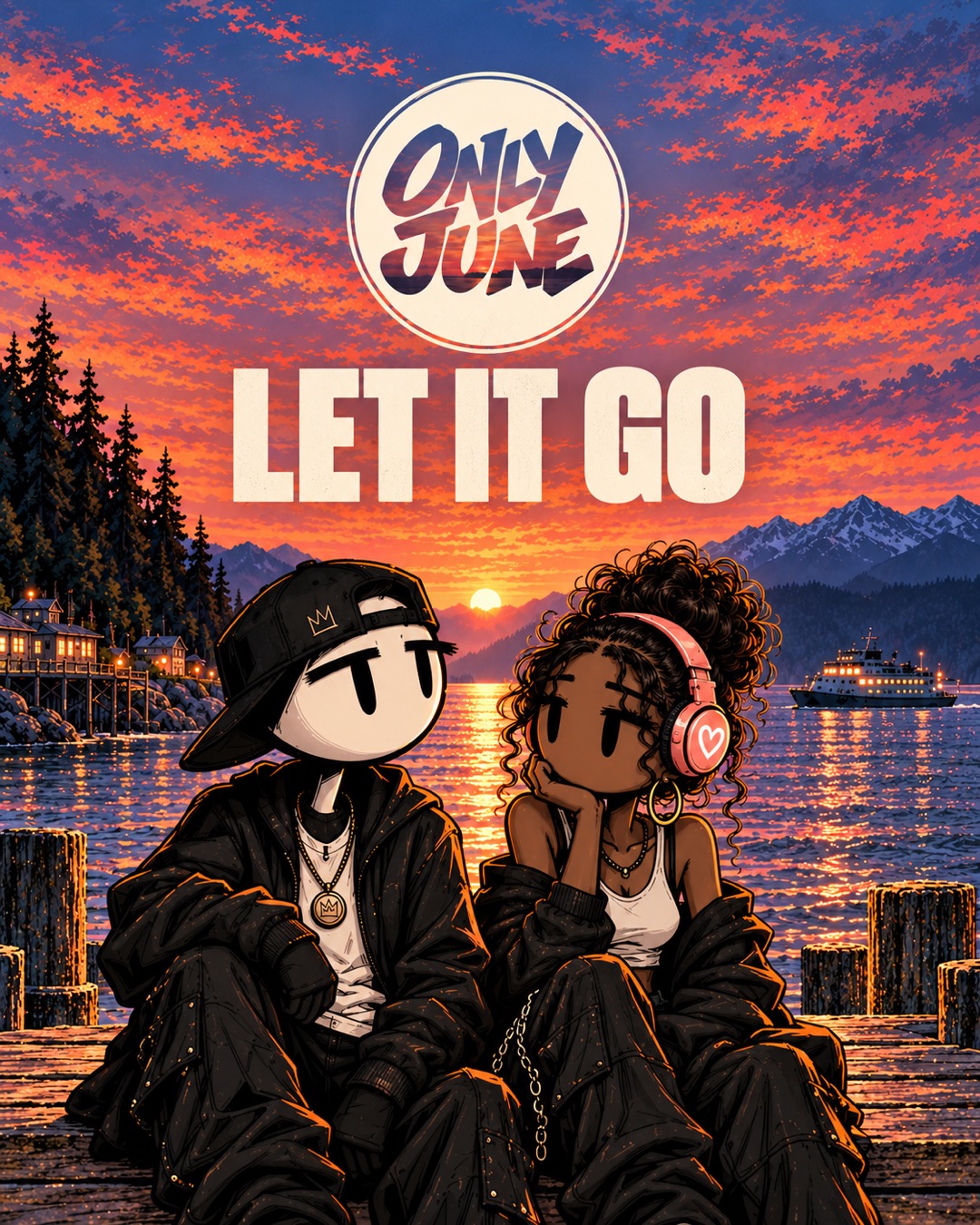 Let It Go artwork: Line and Echo on a dock at sunset, with the Only June circle logo.